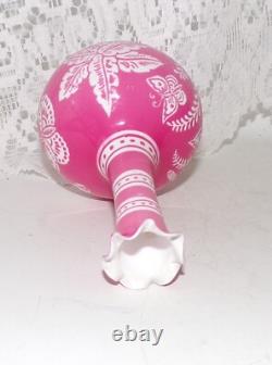 Antique Baccarat Cameo Glass Vase Cut With Butterfly Flowers Pink To White 12cm