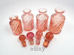Antique Baccarat Pink Rose Swirl Pattern 5pc Vanity Set 4 Perfume Bottles & Box