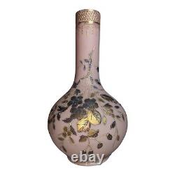 Antique Bohemian Art Glass Vase Hand Painted Pink Blown Gold Flowers 10.5