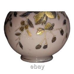 Antique Bohemian Art Glass Vase Hand Painted Pink Blown Gold Flowers 10.5