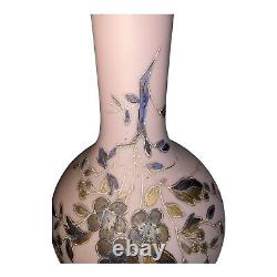 Antique Bohemian Art Glass Vase Hand Painted Pink Blown Gold Flowers 10.5