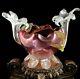 Antique Bohemian Harrach Cranberry Art Glass Rose Bowl w Applied Floriform Vases