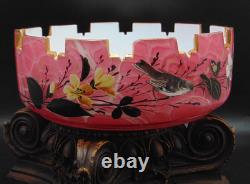 Antique Bohemian Harrach Cut Pink Malachit Painted Floral & Bird Art Glass Bowl
