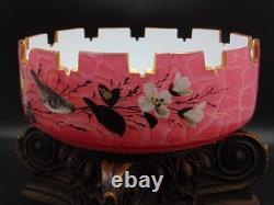 Antique Bohemian Harrach Cut Pink Malachit Painted Floral & Bird Art Glass Bowl