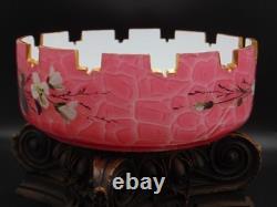 Antique Bohemian Harrach Cut Pink Malachit Painted Floral & Bird Art Glass Bowl
