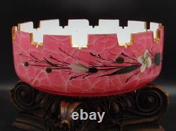 Antique Bohemian Harrach Cut Pink Malachit Painted Floral & Bird Art Glass Bowl
