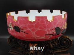 Antique Bohemian Harrach Cut Pink Malachit Painted Floral & Bird Art Glass Bowl