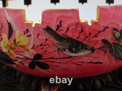 Antique Bohemian Harrach Cut Pink Malachit Painted Floral & Bird Art Glass Bowl