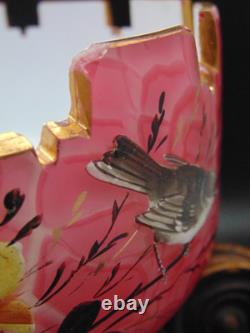 Antique Bohemian Harrach Cut Pink Malachit Painted Floral & Bird Art Glass Bowl
