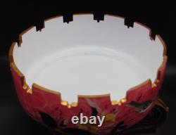 Antique Bohemian Harrach Cut Pink Malachit Painted Floral & Bird Art Glass Bowl