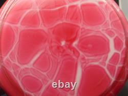 Antique Bohemian Harrach Cut Pink Malachit Painted Floral & Bird Art Glass Bowl