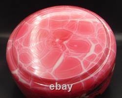 Antique Bohemian Harrach Cut Pink Malachit Painted Floral & Bird Art Glass Bowl