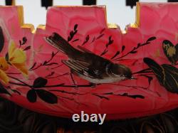 Antique Bohemian Harrach Cut Pink Malachit Painted Floral & Bird Art Glass Bowl