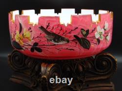 Antique Bohemian Harrach Cut Pink Malachit Painted Floral & Bird Art Glass Bowl