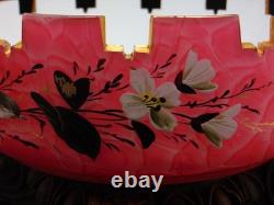 Antique Bohemian Harrach Cut Pink Malachit Painted Floral & Bird Art Glass Bowl