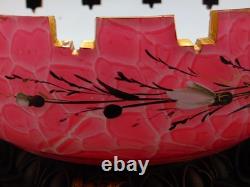 Antique Bohemian Harrach Cut Pink Malachit Painted Floral & Bird Art Glass Bowl