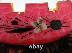 Antique Bohemian Harrach Cut Pink Malachit Painted Floral & Bird Art Glass Bowl