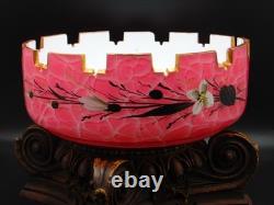 Antique Bohemian Harrach Cut Pink Malachit Painted Floral & Bird Art Glass Bowl