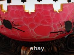 Antique Bohemian Harrach Cut Pink Malachit Painted Floral & Bird Art Glass Bowl