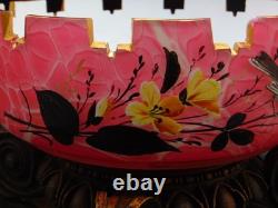 Antique Bohemian Harrach Cut Pink Malachit Painted Floral & Bird Art Glass Bowl