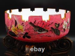 Antique Bohemian Harrach Cut Pink Malachit Painted Floral & Bird Art Glass Bowl