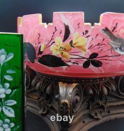 Antique Bohemian Harrach Cut Pink Malachit Painted Floral & Bird Art Glass Bowl