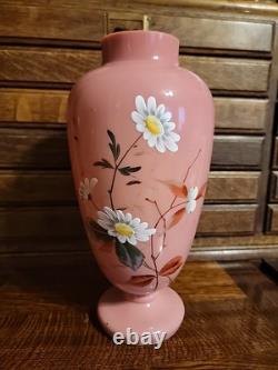 Antique Bohemian Harrach Pink Art Glass Vase Enameled Flowers 10.75 Tall