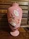 Antique Bohemian Harrach Pink Art Glass Vase Enameled Flowers 10.75 Tall