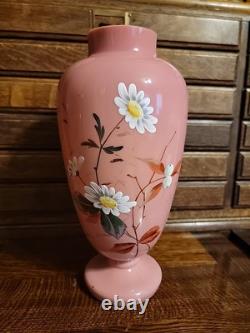 Antique Bohemian Harrach Pink Art Glass Vase Enameled Flowers 10.75 Tall