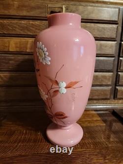 Antique Bohemian Harrach Pink Art Glass Vase Enameled Flowers 10.75 Tall