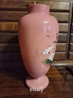 Antique Bohemian Harrach Pink Art Glass Vase Enameled Flowers 10.75 Tall