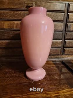 Antique Bohemian Harrach Pink Art Glass Vase Enameled Flowers 10.75 Tall