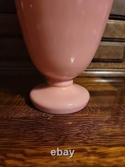Antique Bohemian Harrach Pink Art Glass Vase Enameled Flowers 10.75 Tall