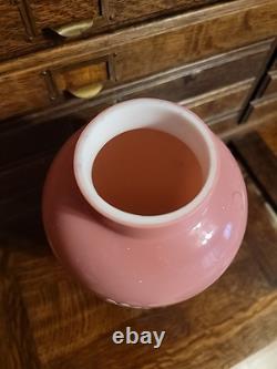 Antique Bohemian Harrach Pink Art Glass Vase Enameled Flowers 10.75 Tall