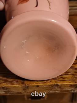 Antique Bohemian Harrach Pink Art Glass Vase Enameled Flowers 10.75 Tall