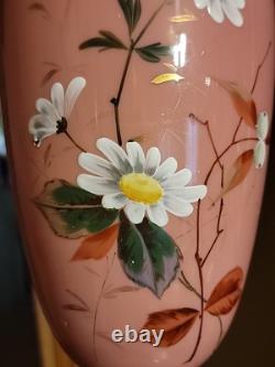 Antique Bohemian Harrach Pink Art Glass Vase Enameled Flowers 10.75 Tall