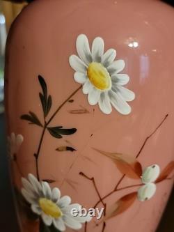 Antique Bohemian Harrach Pink Art Glass Vase Enameled Flowers 10.75 Tall
