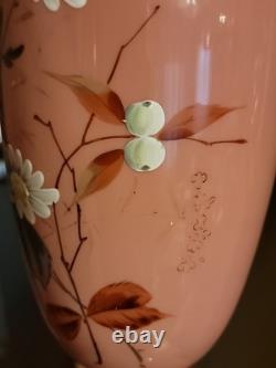 Antique Bohemian Harrach Pink Art Glass Vase Enameled Flowers 10.75 Tall