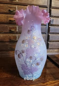Antique Bohemian Harrach Pink Art Glass Vase Enameled Flowers 9.5 Tall Ruffled