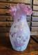 Antique Bohemian Harrach Pink Art Glass Vase Enameled Flowers 9.5 Tall Ruffled