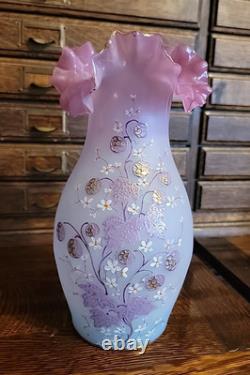 Antique Bohemian Harrach Pink Art Glass Vase Enameled Flowers 9.5 Tall Ruffled
