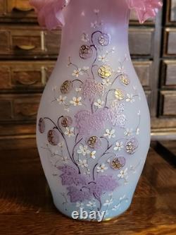 Antique Bohemian Harrach Pink Art Glass Vase Enameled Flowers 9.5 Tall Ruffled