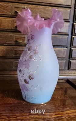 Antique Bohemian Harrach Pink Art Glass Vase Enameled Flowers 9.5 Tall Ruffled