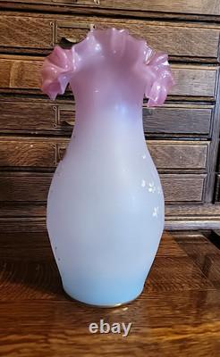 Antique Bohemian Harrach Pink Art Glass Vase Enameled Flowers 9.5 Tall Ruffled