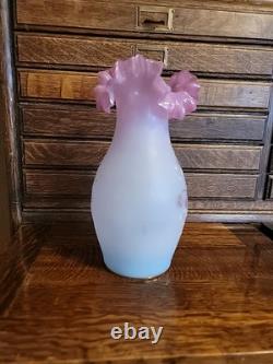 Antique Bohemian Harrach Pink Art Glass Vase Enameled Flowers 9.5 Tall Ruffled