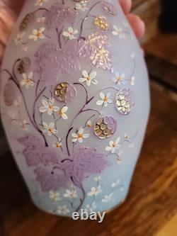 Antique Bohemian Harrach Pink Art Glass Vase Enameled Flowers 9.5 Tall Ruffled