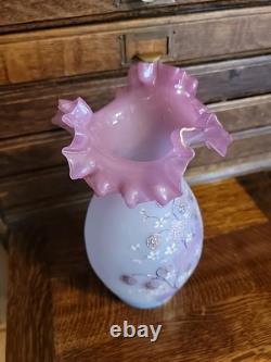 Antique Bohemian Harrach Pink Art Glass Vase Enameled Flowers 9.5 Tall Ruffled