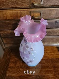 Antique Bohemian Harrach Pink Art Glass Vase Enameled Flowers 9.5 Tall Ruffled