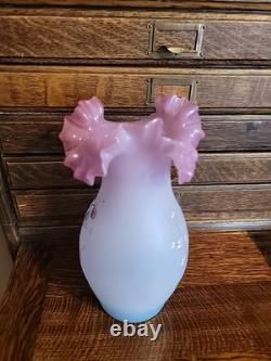 Antique Bohemian Harrach Pink Art Glass Vase Enameled Flowers 9.5 Tall Ruffled