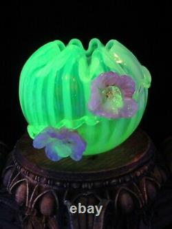 Antique Bohemian Harrach Uranium Opalescent Art Glass Vase Applied Pink Flower